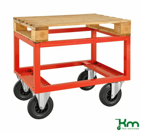 Chariot à palette Kongamek - bas, 2 roulettes fixes et 2 pivotantes en caoutchouc plein, rouge, 800 x 600 x 650 mm, KM221-H