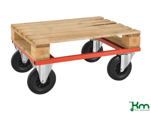 Chariot à palette Kongamek - bas, 2 roulettes fixes et 2 pivotantes en caoutchouc plein, rouge, 800 x 600 x 270 mm, KM217-H