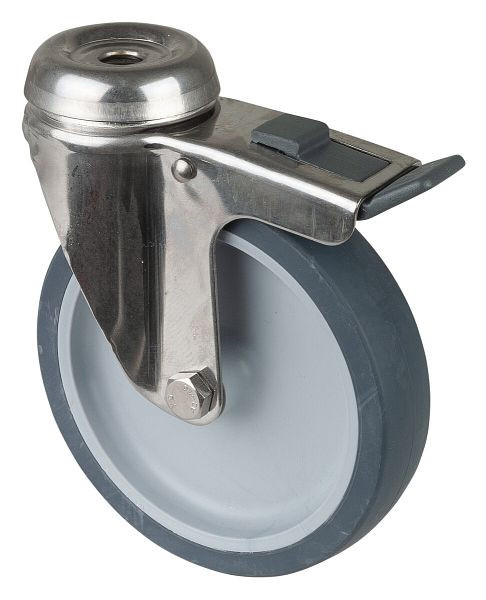 Rouleaux BS pour appareil en acier inoxydable avec frein, largeur 28 mm, Ø125 mm, jusqu'à 70 kg, surface en caoutchouc gris, corps en plastique, palier lisse, G121.A80.126