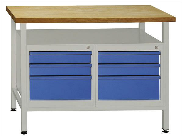 Etabli ADB 6 tiroirs et étagère, dimensions : 1200x600x840mm (LxPxH), couleur table de travail : gris, RAL 7035, couleur porte/tiroir : bleu clair (RAL 5012), 41930