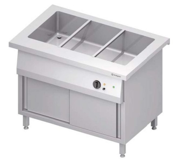 Station bain-marie Stalgast "Free Flow" avec une vasque 3x GN1/1 et portes coulissantes, 1132x735x880 mm couvercle inox, FF11111