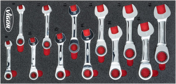 Jeu de clés mixtes à cliquet VIGOR, courtes, profil à six pans extérieurs, profil à double six pans extérieur, 8 - 19, nombre d'outils : 12, V5075