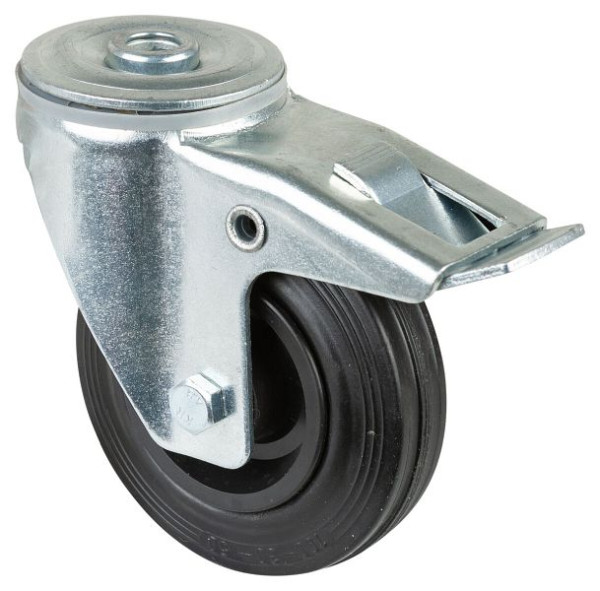 Rouleau de transport BS rollers avec frein, largeur 30 mm, Ø100 mm, jusqu'à 70 kg, bande de roulement en caoutchouc noir, roulement à rouleaux, lot de 4, L121.B45.100