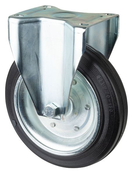 Rouleau de transport BS rollers, rouleau fixe, largeur de roue 70 mm, roue Ø 280 mm, capacité de charge 350 kg, caoutchouc noir, jante en acier, roulement à rouleaux, plaque, L410.B55.280