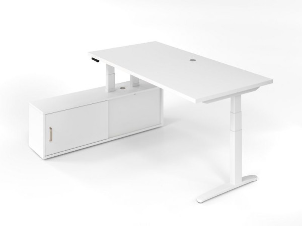 Hammerbacher table assis-debout + buffet blanc/blanc, pied en C blanc, coulisses en aluminium blanc, VXBHM2C/WW/WW