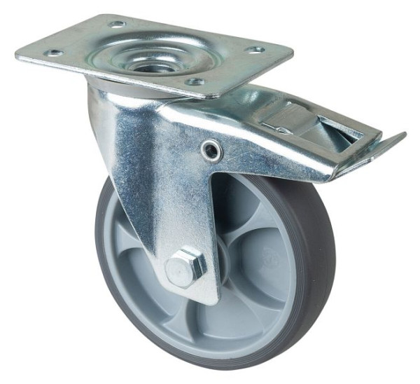 Rouleau de transport BS rollers avec frein, largeur 32 mm, Ø125 mm, jusqu'à 120 kg, pneus thermoplastiques gris, plastique, roulements à billes, plateau, LS420.A85.127