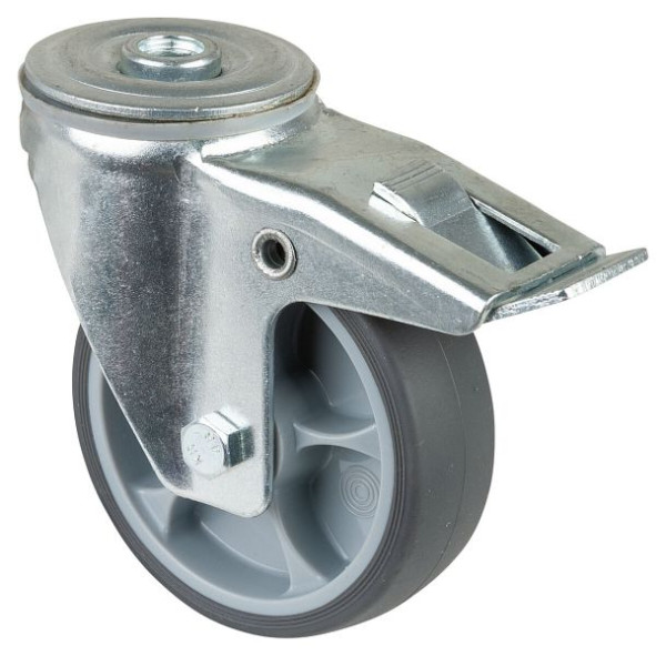 Roulette de transport pivotante BS Rollers avec frein, roue en caoutchouc thermoplastique gris, roulement à rouleaux, diamètre : 100 mm, lot de 4, L121.B44.101