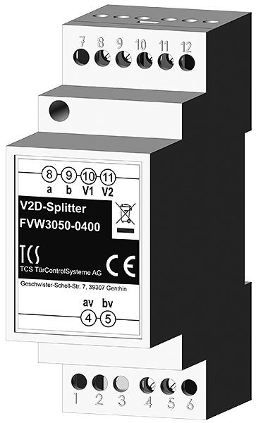 Adaptateur TCS pour diviser la vidéo 2 fils : système BUS av et bv vers a, b, V1 et V2, FVW3050-0400