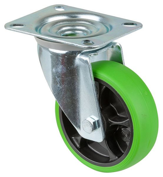 Roulette de transport pivotante BS Rollers, roue en caoutchouc thermoplastique, pneu vert, roulement à rouleaux, plaque, diamètre : 100 mm, pack : 4 pièces, L400.B44.101.04