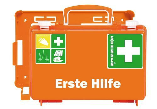 Trousse de secours DENIOS avec remplissage selon DIN 13157, avec support mural, orange, 116-591