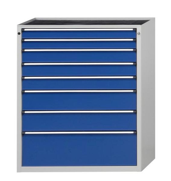 Armoire à outils ANKE; 1065 x 700 x 1320 mm; RAL 7035/5010; Plateau en hêtre massif 40 mm; 8 tiroirs 90, 90, 120, 120, 120, 180, 180, 300 mm, 610.507