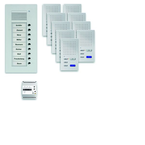 Système de commande de porte audio TCS : pack UP pour 9 unités d'habitation, avec poste extérieur PUK 9 boutons de sonnerie, 9x haut-parleur mains libres ISW3030, unité de commande BVS20, PPUF09-EN / 02