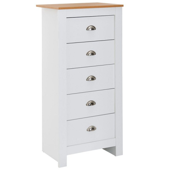 Buffet Wohnling avec 5 tiroirs 53x114x39 cm commode blanc / chêne moderne, buffet design haut et étroit, commode à tiroirs salon, WL6.379