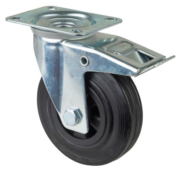 Rouleau de transport BS rollers avec frein, largeur 37,5 mm, Ø125 mm, jusqu'à 100 kg, caoutchouc noir, roulement à rouleaux, plaque, lot de 2, L420.B45.125