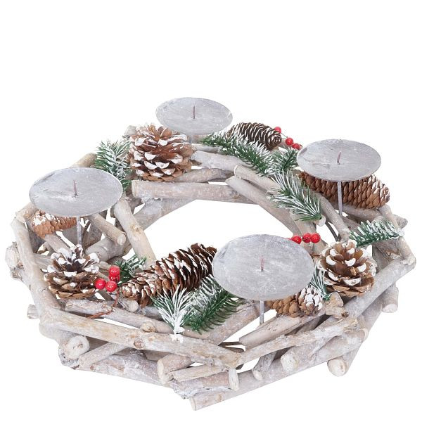 Couronne de l'Avent Mendler ronde, couronne de table de décoration de Noël, bois Ø 35cm blanc-gris, sans bougies, 56573