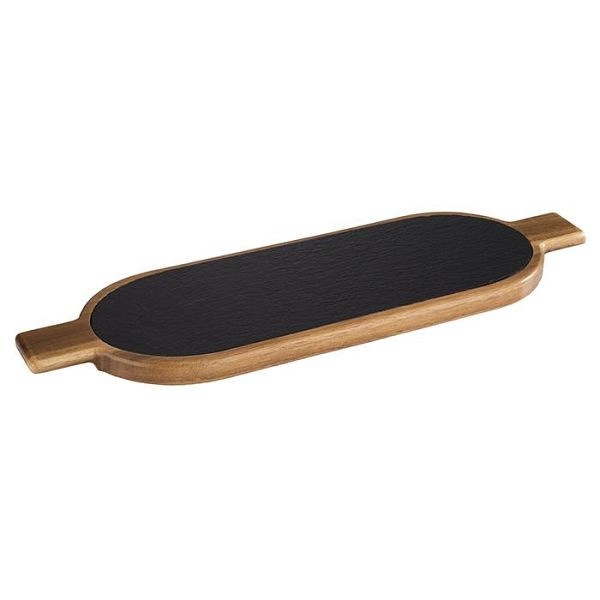 Planche de service APS, 2 parties, 40 x 15 cm, hauteur : 2 cm, bois d'acacia, ardoise naturelle, poignées : 5 cm, 00812