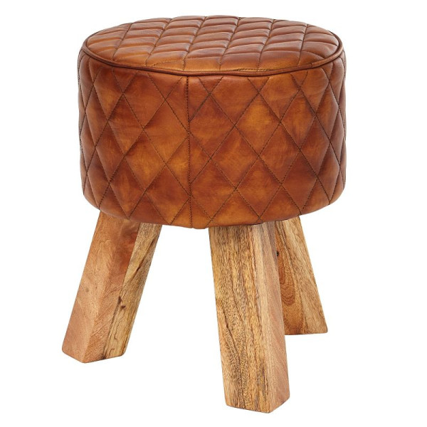 Tabouret Wohnling cuir véritable / bois massif 35x46x35 cm moderne rond, WL6.090