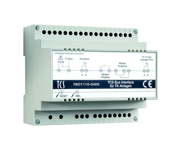 Interface TCS (TKI) pour la connexion à des systèmes de télécommunication via un port analogique, jusqu'à 64 destinations d'appel (numéro de téléphone à 16 chiffres), rail DIN 6 HP, version 2020, FBO1110-0400