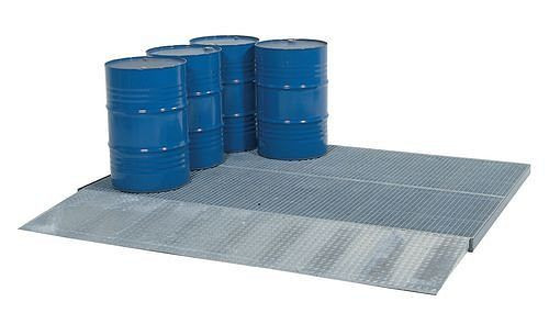 Receveur DENIOS classic-line, galvanisé, caillebotis, charge de roue 2000 kg, 2862 x 1362 x 78 mm, 120-235