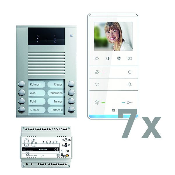 Vidéo du système de commande de porte TCS : pack AP pour 7 unités d'habitation, avec platine de rue AVE 8 boutons de sonnerie, 7x haut-parleur mains libres vidéo IVW5111, commande, PVE16070-0010