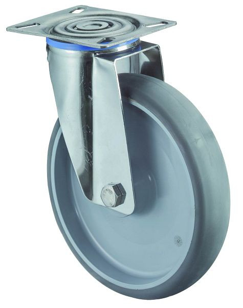 Rouleau de transport BS rollers inox, largeur 50 mm, Ø200 mm, jusqu'à 200 kg, pneus thermoplastique gris, corps de roue plastique, palier lisse, plateau, H100.B43.200