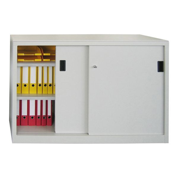 Armoire lourde portes coulissantes Pavoy 1000/1500/500, cloison centrale, 4 étagères galvanisées ; Serrure à cylindre à poussée rotative, 30330-150-500-910303
