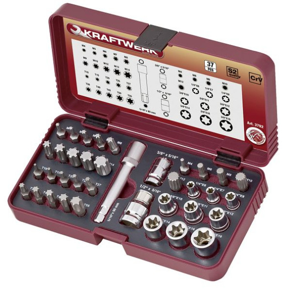 Jeu d'embouts et de douilles spéciaux Kraftwerk pour vis externes à quatre dents TX, XZN et RIBE, 37 pièces, 3792