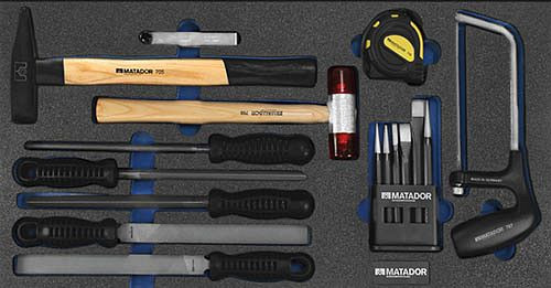 Bedrunka+Hirth insert d'outils, marteau, limes, burins et jeu de scies 16 pièces Dimensions en mm (LxPxH) : 600 x 300 x 25, 08.88.203