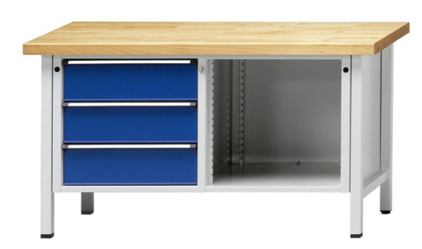 Établi d'armoire ANKE; 1500 x 700 mm; RAL 7035/5010; A gauche 3 tiroirs 180 mm; Sujet ouvert droit
