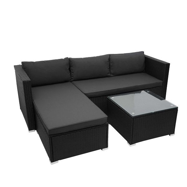 Ensemble en rotin synthétique Mendler HWC-F57, ensemble de canapés pour balcon/jardin/salon, noir, coussins gris foncé sans coussins décoratifs, 69830+69831