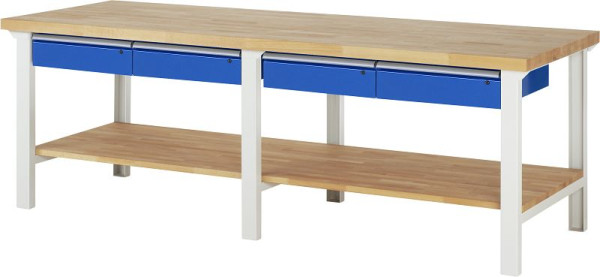 Etabli RAU série 7000 - conception modulaire, 4 tiroirs bas, étagère en hêtre massif, 2500x840x900 mm, 03-7002A7-259B4S.11