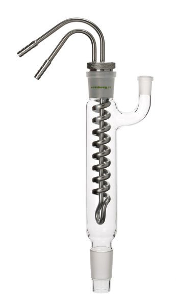 Refroidisseur en acier inoxydable Rettberg avec 2 olives de tuyau Ø 8 mm, noyau NS 29/32, profondeur d'immersion environ 155 mm, 107000129