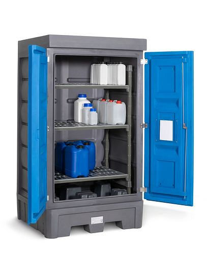 Dépôt de substances dangereuses DENIOS PolySafe D1, avec portes et étagère en plastique pour petits conteneurs, 271-831