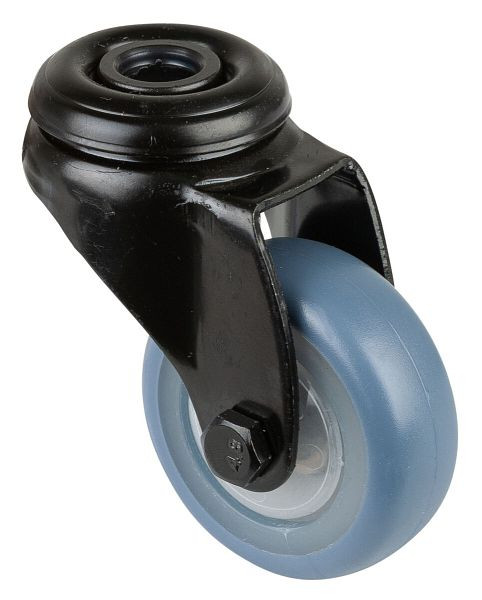 BS Castors Roulette pivotante noire, roue en caoutchouc thermoplastique bleu clair, jante naturelle, roulement à billes, trou arrière, diamètre : 50 mm, lot de 8, A801.A85.050.05