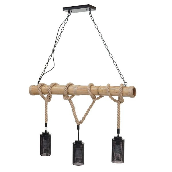 Suspension Mendler HWC-H82, lampe suspendue suspension, corde de bambou vintage industrielle métal noir, abat-jour tubulaire 3x, 74205