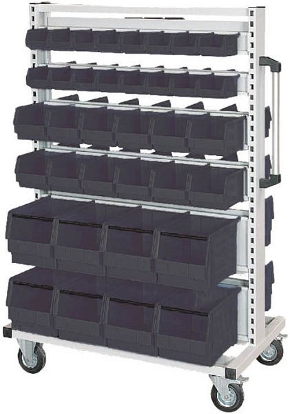 Chariot multi-chariot Bedrunka+Hirth équipé de rails pour suspendre des boîtes de rangement visibles, dimensions en mm (LxPxH) : 990 x 610 x 1450, ESD07.58.12