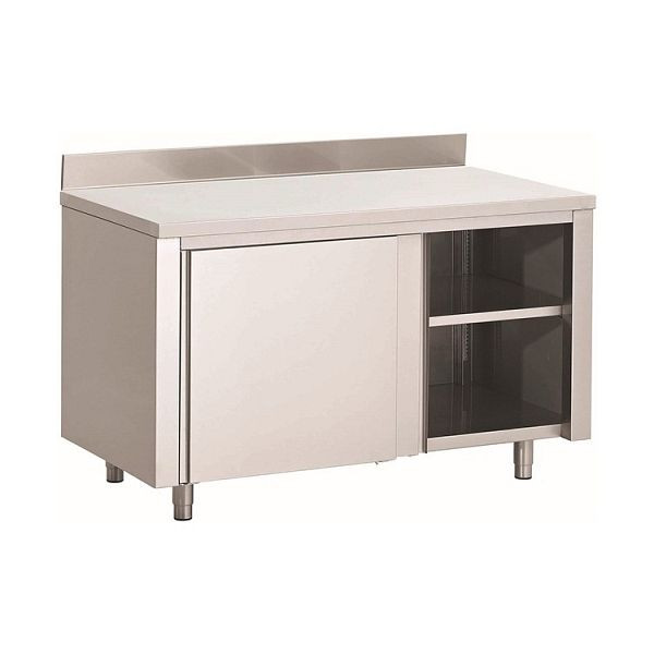 Meuble de travail Gastro-Inox en acier inoxydable AISI 430 avec portes coulissantes et dosseret, 1600x600x850mm, renforcé de 18mm d'épaisseur, aggloméré enduit, 302.105