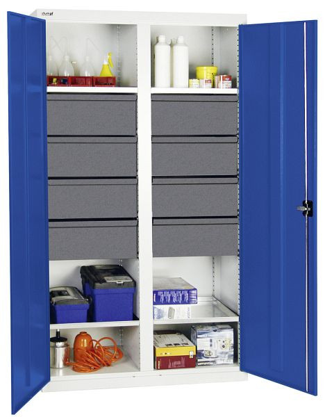 armoire à outils et matériel série 3000, 7035/5010, 8 tiroirs 200 mm, cloison centrale, 4 tablettes, 3004674