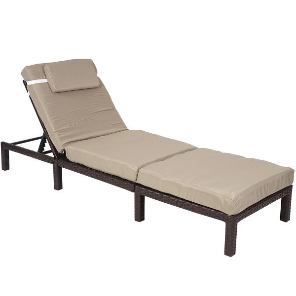 Chaise longue en poly-rotin Mendler HWC-A51, chaise longue de relaxation, chaise longue de jardin, marron premium, coussins crème, 59610