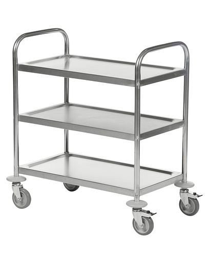 Chariot à étagères Kongamek inox KM, 3 étagères, 100 kg, 710x400 mm, 4 roulettes pivotantes PU, frein, 255343