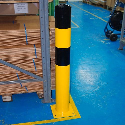 Borne de protection contre les chocs Moravia, revêtement jaune, rayures noires, à cheviller avec plaque de base, Ø : 90 mm, 311073