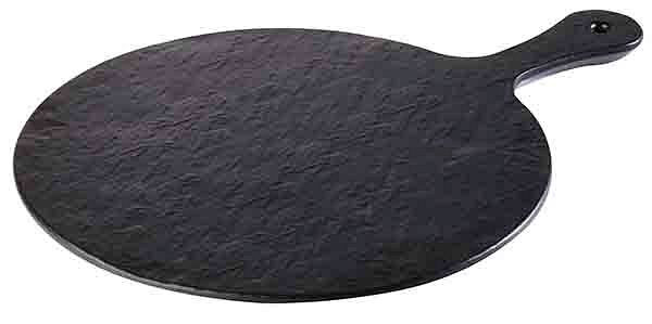 Plateau APS -SLATE-ROCK-, Ø 30 cm, hauteur: 1,5 cm, mélamine, noir, aspect ardoise, surface structurée, poignée: 12 cm, 84257