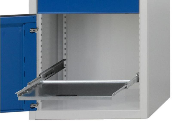 Tablette coulissante ANKE; 900x603 mm (LxP); RAL 7035; Hauteur réglable par incréments de 30 mm; pour armoire à tiroirs série 1060 V; Extension complète 100% - 100 kg de charge