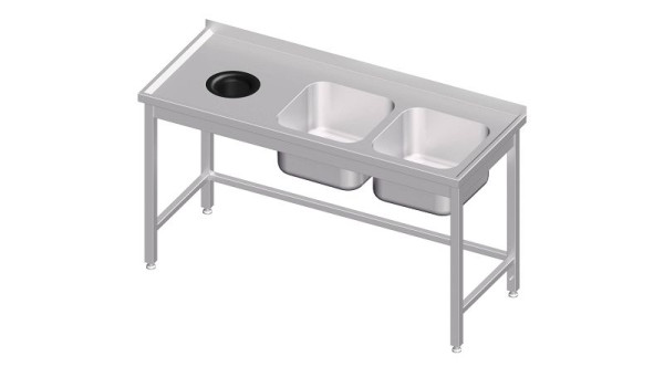 Meuble évier Stalgast sans fond, avec bonde, 1400x600x850 mm, avec deux bacs à gauche, avec dosseret, soudé, VST14608LA