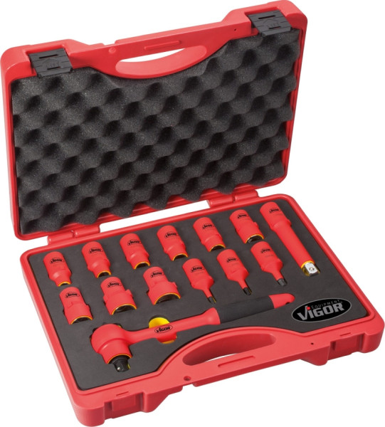 VIGOR Jeu de clés à douilles VDE, carré creux 12,5 mm (1/2 pouce), profil à six pans extérieurs, profil à six pans intérieurs, 5 - 24, isolé VDE jusqu'à 1000 V, V3343
