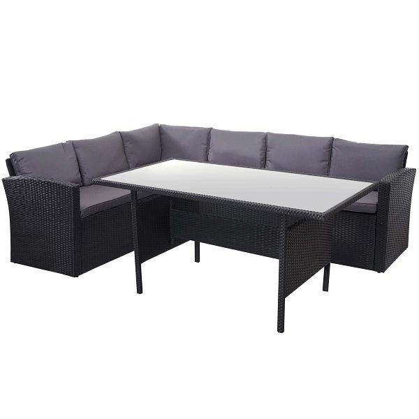 Ensemble de rotin synthétique Mendler HWC-A29, ensemble de jardin, ensemble de table à manger de salon, noir, coussins gris foncé, 64388+64389