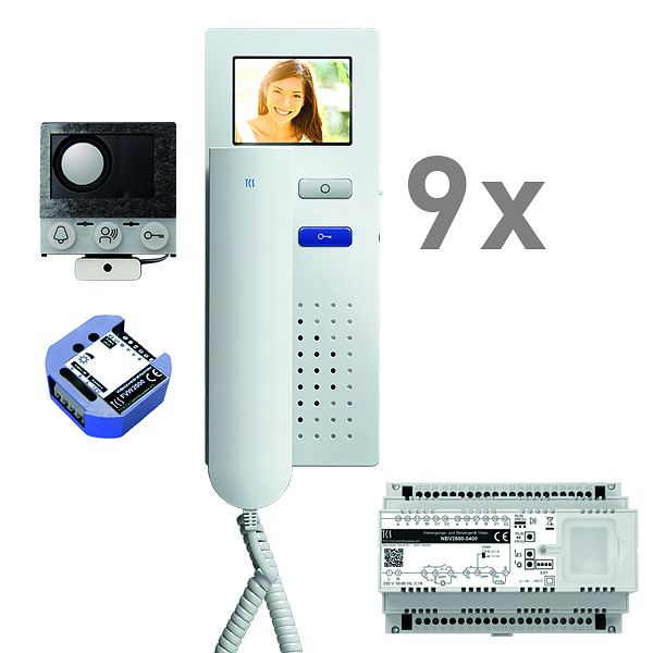 Boîte vocale encastrable vidéo TCS, 9 unités résidentielles, haut-parleur encastrable ASI12000 + 9x interphone IVH3222, appareil de commande + transmetteur vidéo bifilaire, PVIH090/001