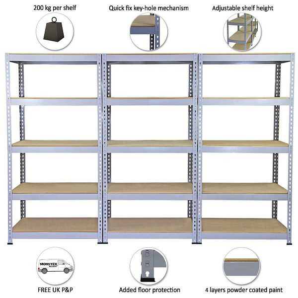 Monster Racking 3 x Q-Rax étagère d'atelier étagère de rangement étagère de garage étagère en acier 90 cm x 50 cm x 180 cm 7000(3)