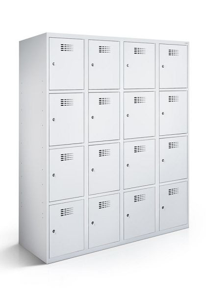 Armoire vestiaire KEMMLIT 4 compartiments et 16 portes 30cm avec fond fermé, gris clair 7035, loquet tournant, 100676