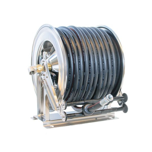 Enrouleur Ebinger OSM 710, maxi 150bar / 60°C, 40m - 19mm DI tuyau caoutchouc-synthétique, boîtier : acier inoxydable, 1.714.932